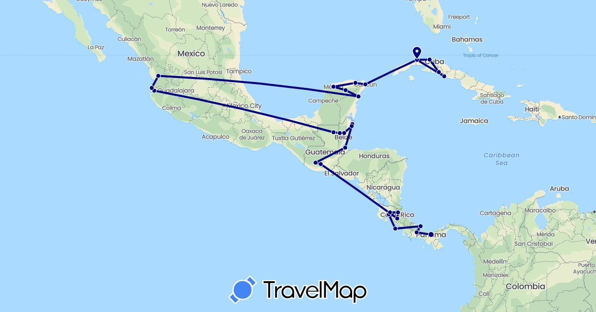 TravelMap itinerary: driving in Belize, Costa Rica, Cuba, Guatemala, Mexico, Panama (North America)